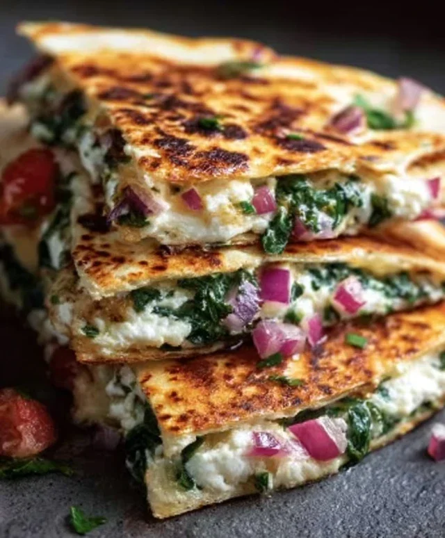 Mediterranean Quesadillas with Spinach, Feta, Mozzarella, and Red Onion