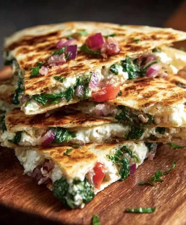 Mediterranean Quesadillas with Spinach, Feta, Mozzarella, and Red Onion